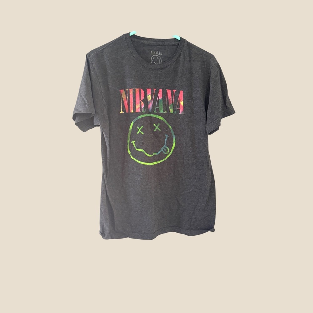 Nirvana Graphic T-Shirt Charcoal Gray Smiley Face Logo Rainbow Tie Dye Small